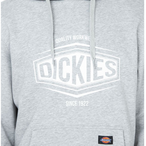 A gray hoodie with a large white logo reading DICKIES is displayed the hoodie features a front pocket and drawstrings the background is neutral and unobtrusive
