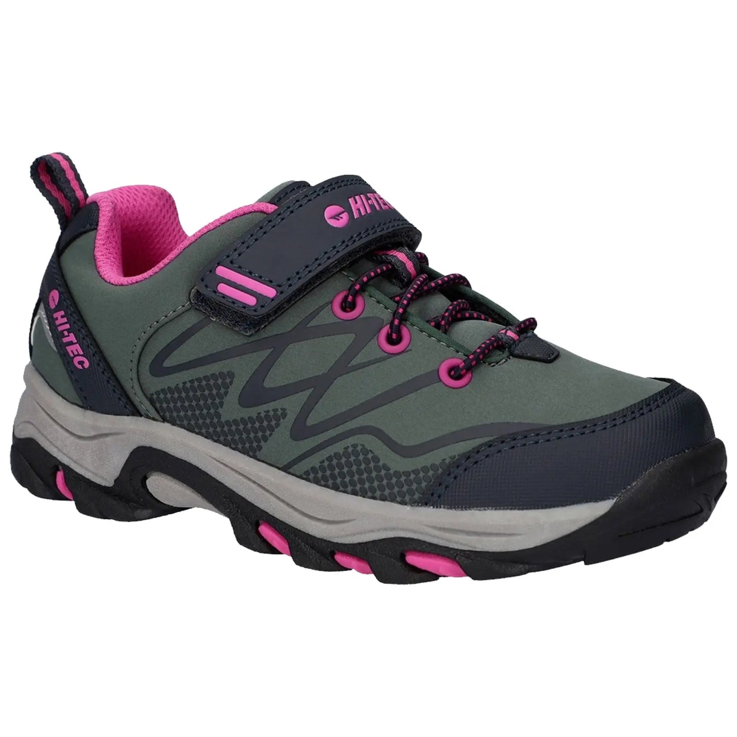 A grey and pink athletic shoe is positioned at an angle featuring a velcro strap and laces designed for outdoor activities in a casual setting. The sole is thick for support.