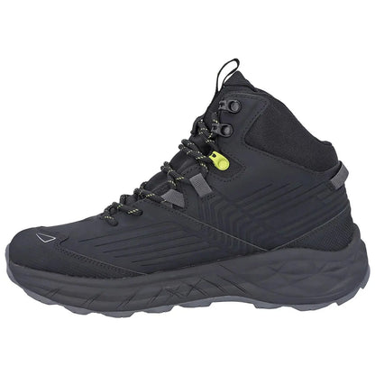 A black high-top shoe features a textured surface and lacing system with a bright yellow accent. It is designed for outdoor activities in a rugged environment.