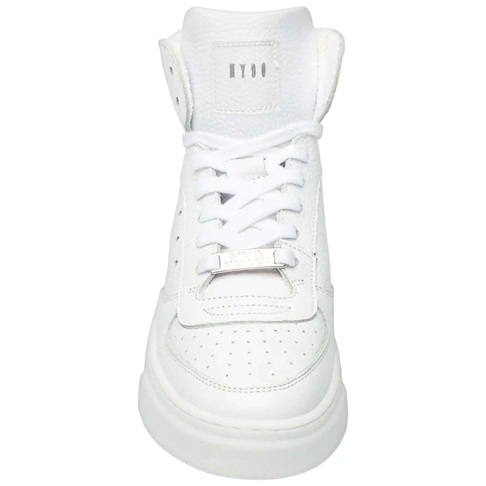 A white high-top sneaker is centered in the image featuring laces and perforated detailing while showing a sleek design against a plain background