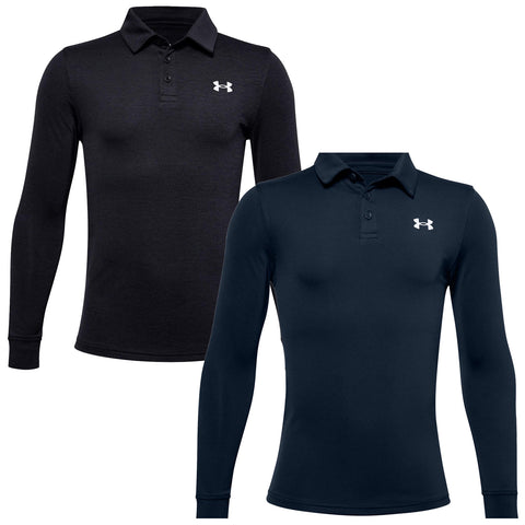 Two long-sleeved polo shirts are displayed side by side one is black and the other is dark navy both are fitted and feature a small white logo on the chest.
