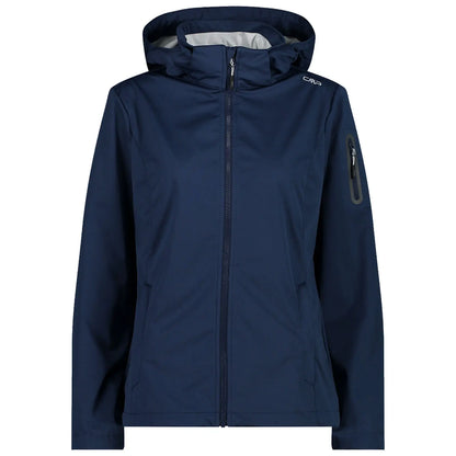 A navy blue jacket is displayed frontally with a high collar and a hood showcasing a zipper and side pockets designed for outdoor use.