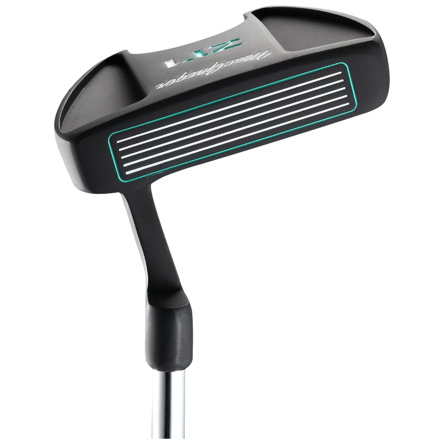 A black golf putter with a textured face and a sleek design stands upright on a shiny silver shaft against a plain background, ready for use on the green.