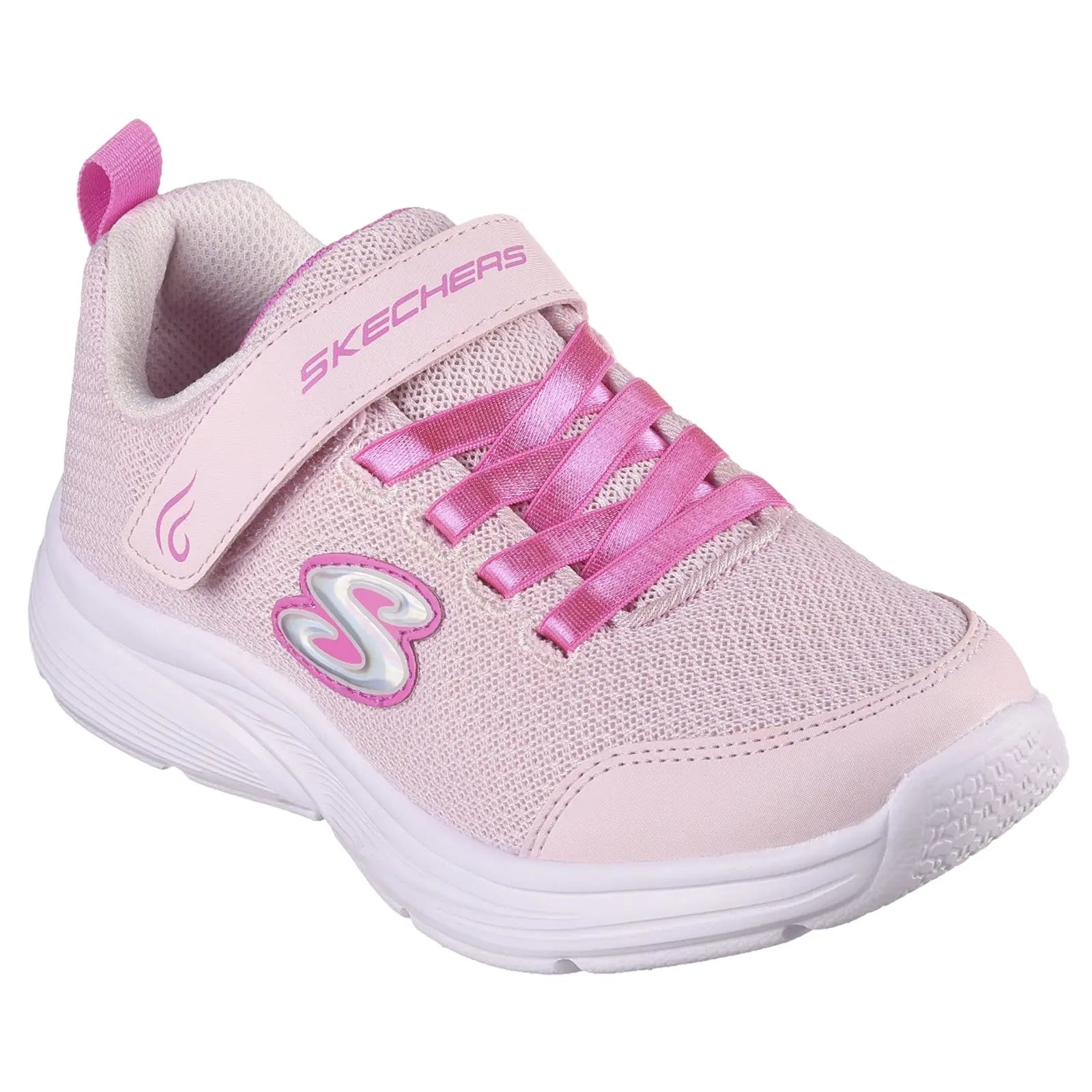A pink sneaker features a textured upper with pink laces and a Velcro strap displaying the brand Skechers on the side designed for comfort and casual wear.