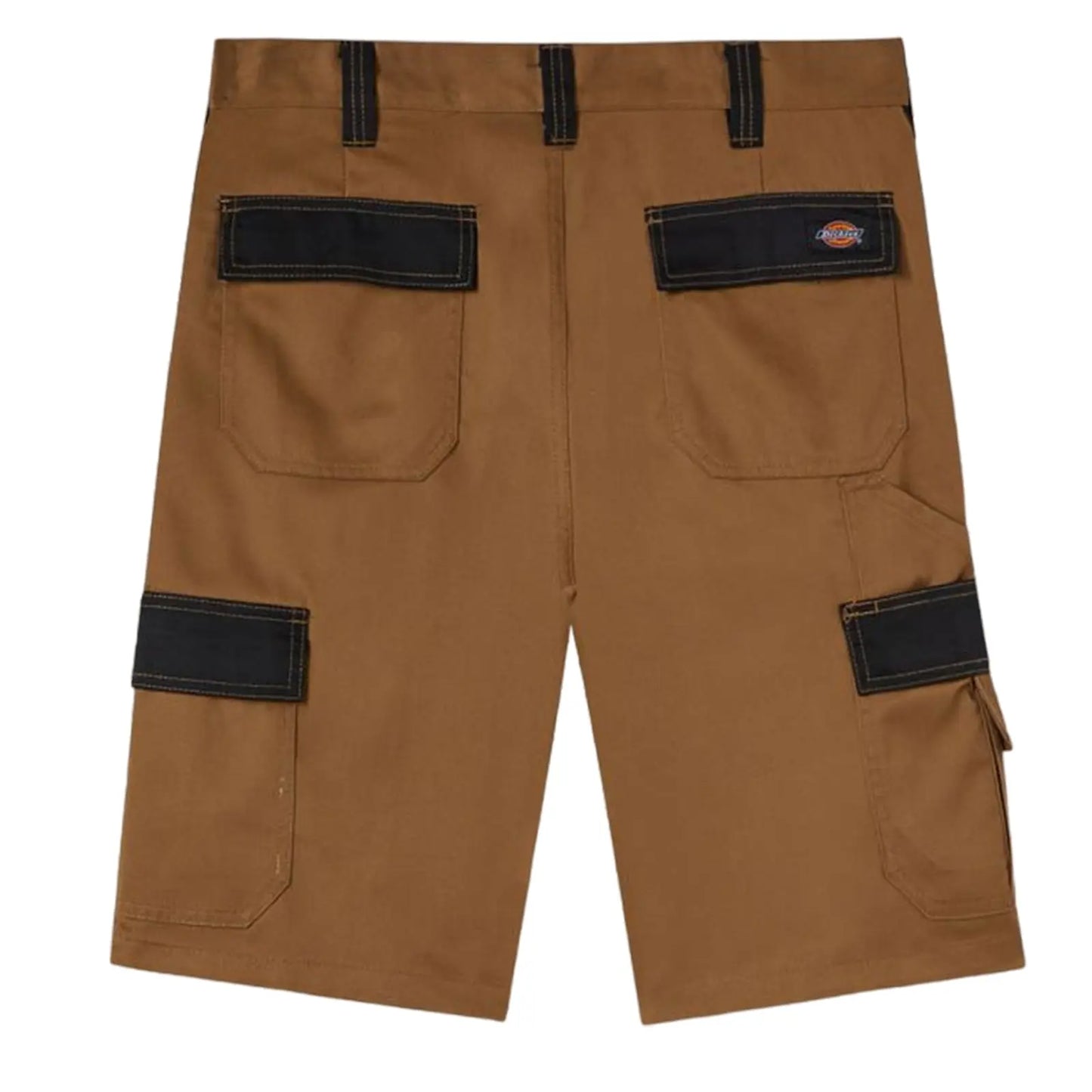 Cargo shorts made of brown fabric feature black pockets on the back and sides with contrasting stitching showcasing a sturdy design suitable for practical wear.