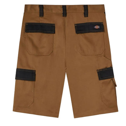 Cargo shorts made of brown fabric feature black pockets on the back and sides with contrasting stitching showcasing a sturdy design suitable for practical wear.