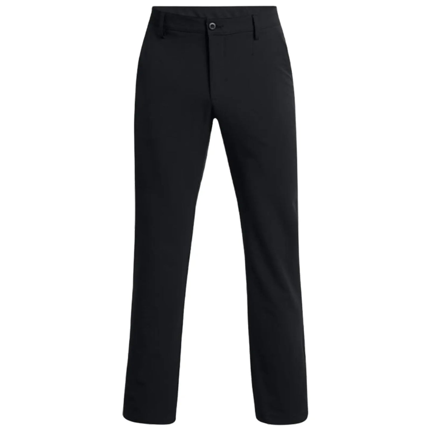 Black pants are standing upright showing the front view with a button and zipper closure visible the fabric appears smooth and the fit is casual or business appropriate