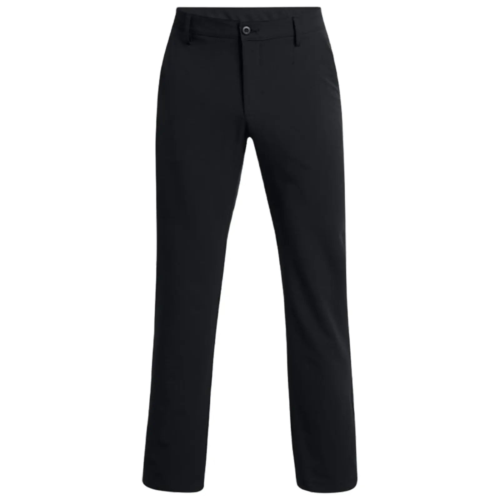 Black pants are standing upright showing the front view with a button and zipper closure visible the fabric appears smooth and the fit is casual or business appropriate