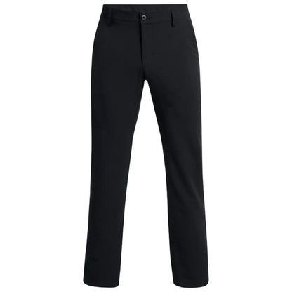 Black pants are standing upright showing the front view with a button and zipper closure visible the fabric appears smooth and the fit is casual or business appropriate