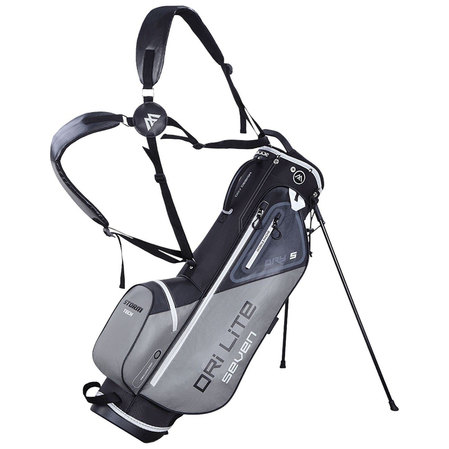 A grey and black golf bag with a stand displays adjustable shoulder straps designed for carrying. It features multiple compartments for storing equipment, positioned upright for stability.