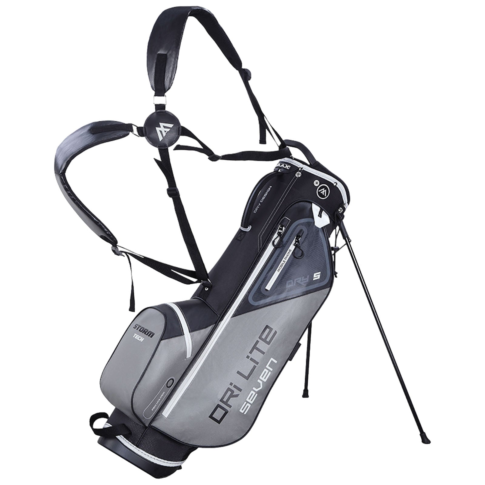 A grey and black golf bag with a stand displays adjustable shoulder straps designed for carrying. It features multiple compartments for storing equipment, positioned upright for stability.