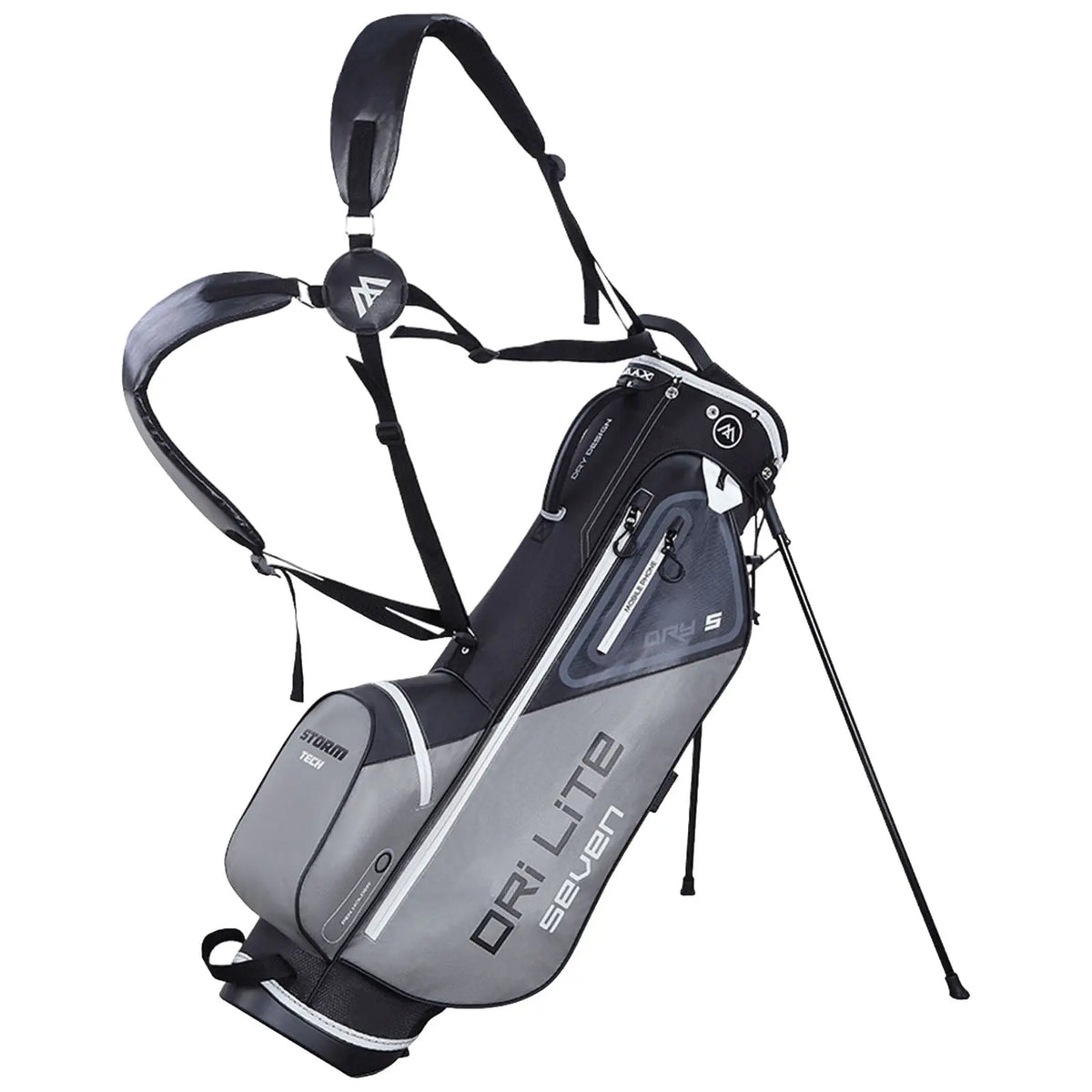 A grey and black golf bag with a stand displays adjustable shoulder straps designed for carrying. It features multiple compartments for storing equipment, positioned upright for stability.