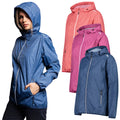 A woman wearing a blue patterned rain jacket stands confidently with her hand in her pocket while three colorful jackets in pink shades are displayed beside her in a promotional context.