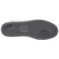 A shoe's sole is displayed with a textured design underneath showcasing grooves and patterns for traction emphasizing its functional purpose on different surfaces.