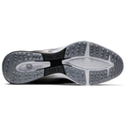 A black and white sneaker sole is displayed with a textured grip pattern and cushioning features it rests on a plain white background showcasing its design and structure.