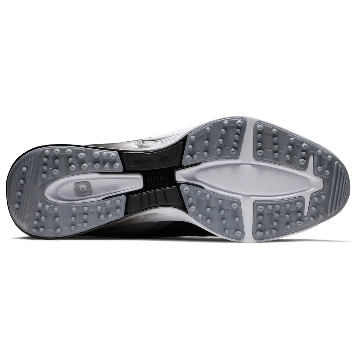 A black and white sneaker sole is displayed with a textured grip pattern and cushioning features it rests on a plain white background showcasing its design and structure.