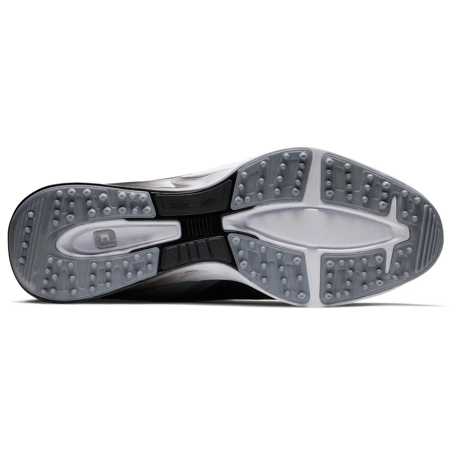 A black and white sneaker sole is displayed with a textured grip pattern and cushioning features it rests on a plain white background showcasing its design and structure.