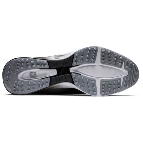 A black and white sneaker sole is displayed with a textured grip pattern and cushioning features it rests on a plain white background showcasing its design and structure.