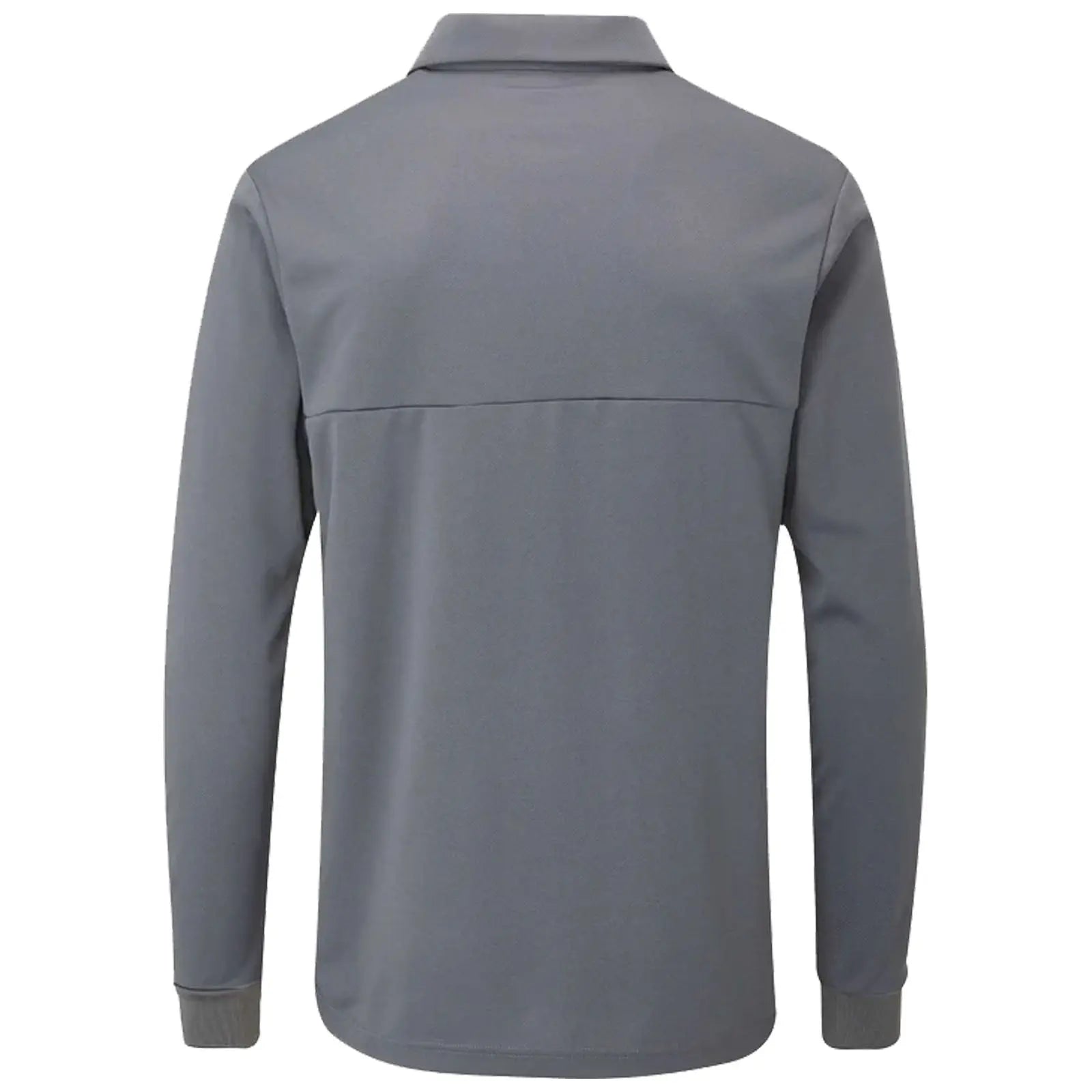 A long-sleeved gray polo shirt is displayed. It hangs freely, showing a smooth fabric texture and a simple design with a collar. The shirt is set against a plain background.