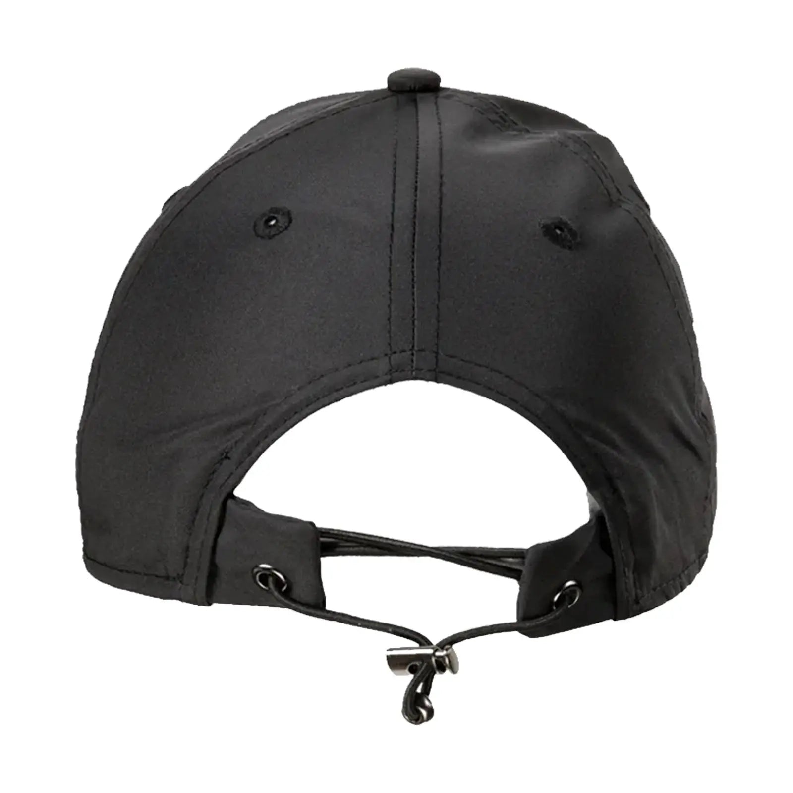 A black cap is shown from the back with an adjustable strap and fastening mechanism visible the context suggests it is designed for sports or outdoor activities.