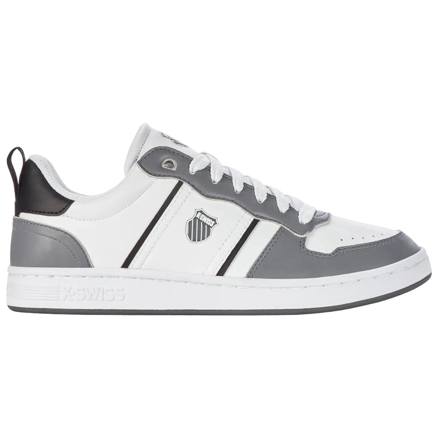 A gray and white sneaker is positioned on a flat surface with a sleek design featuring a logo on the side and laces threaded through eyelets creating a casual sports aesthetic.