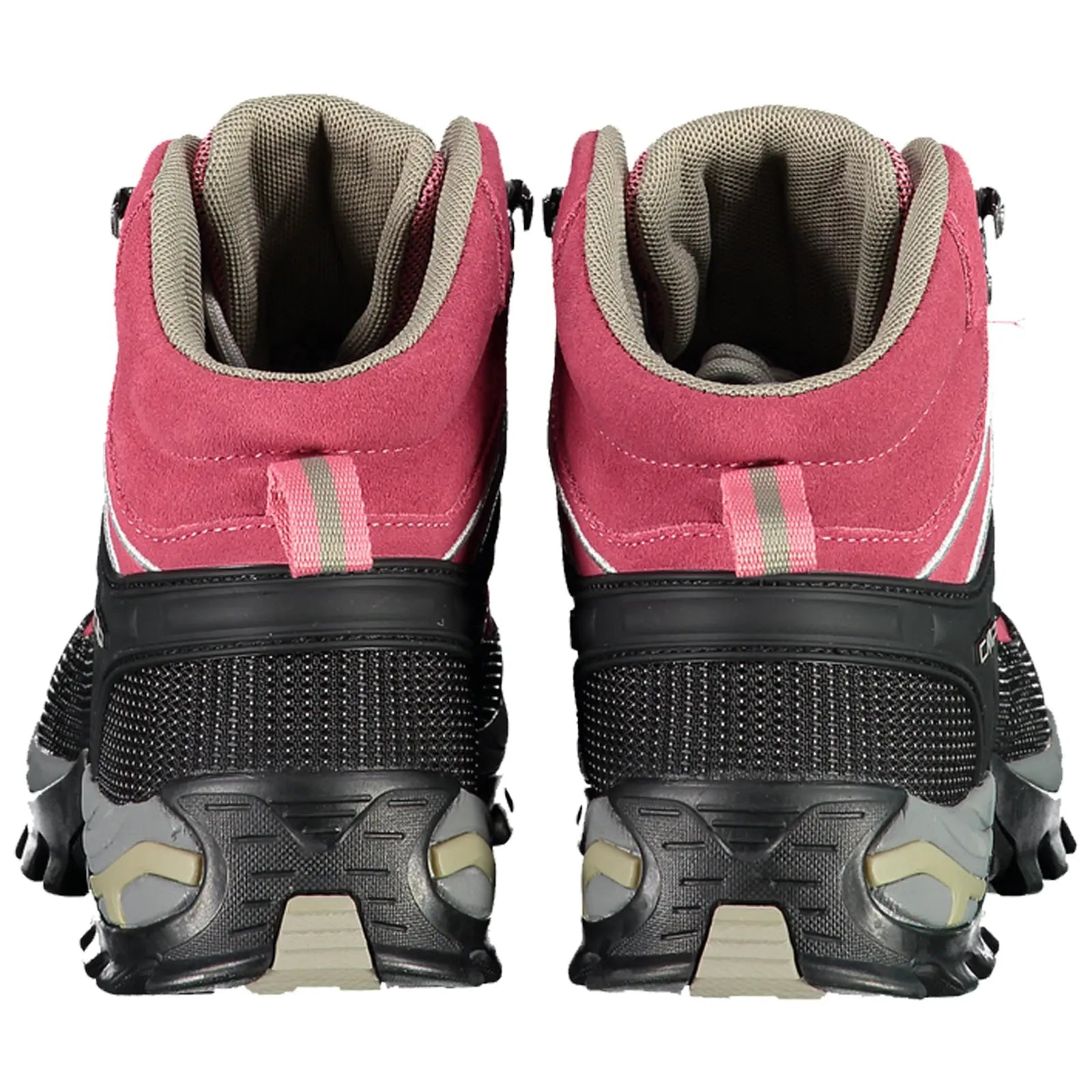 A pair of outdoor boots stands upright with a pink and black design featuring a high ankle and a textured sole suitable for rough terrain in a neutral background.