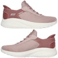 A pair of pink athletic shoes rests on a neutral background showcasing a textured upper and a thick white sole designed for comfort and support in casual or active settings.