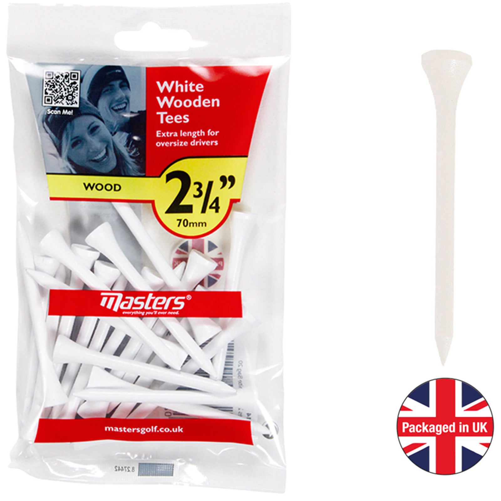A transparent plastic package contains multiple white wooden golf tees displayed inside. The package features a label indicating the tees' length as 2¾ inches and includes a QR code and brand logo.