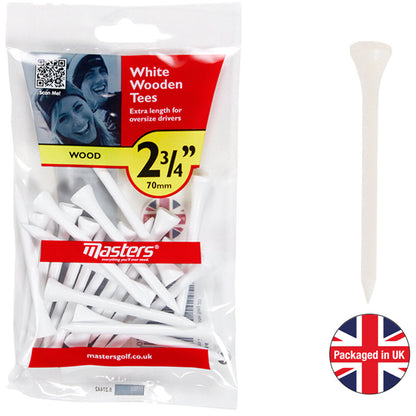 A transparent plastic package contains multiple white wooden golf tees displayed inside. The package features a label indicating the tees' length as 2¾ inches and includes a QR code and brand logo.