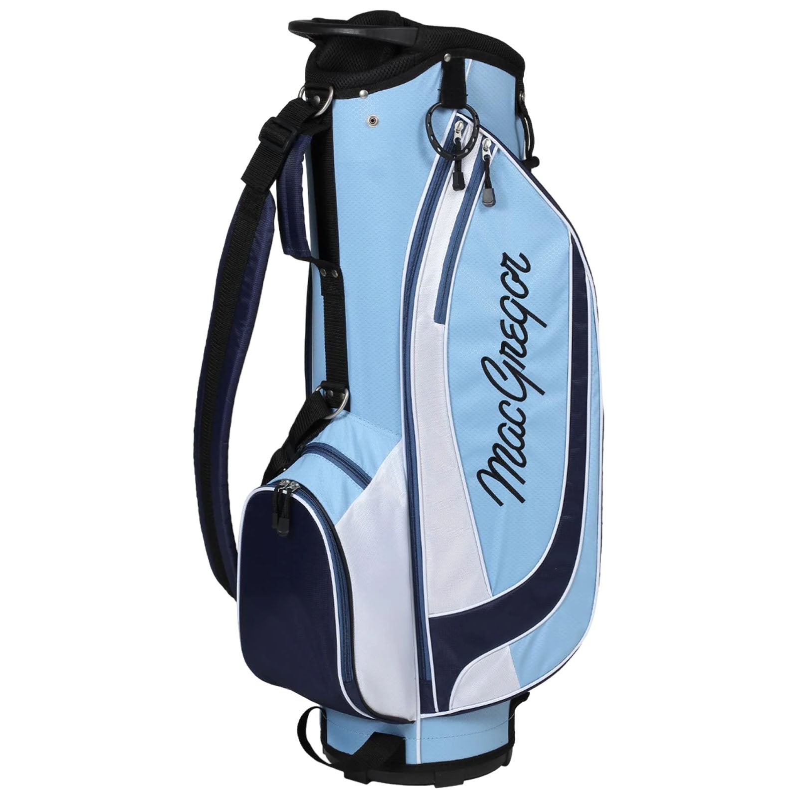 A blue and white golf bag stands upright featuring multiple compartments and a shoulder strap displaying the name MacGregor in cursive. The bag is designed for carrying golf clubs and accessories.