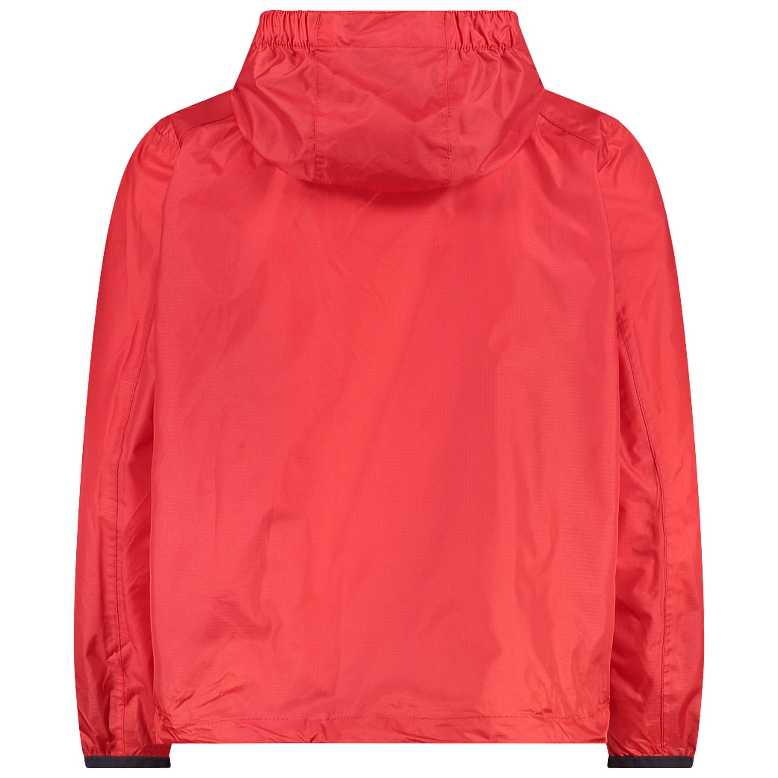 A bright red jacket with a hood hangs alone against a neutral background showcasing its smooth texture and elastic cuffs emphasizing the lightweight and stylish design suitable for casual wear.
