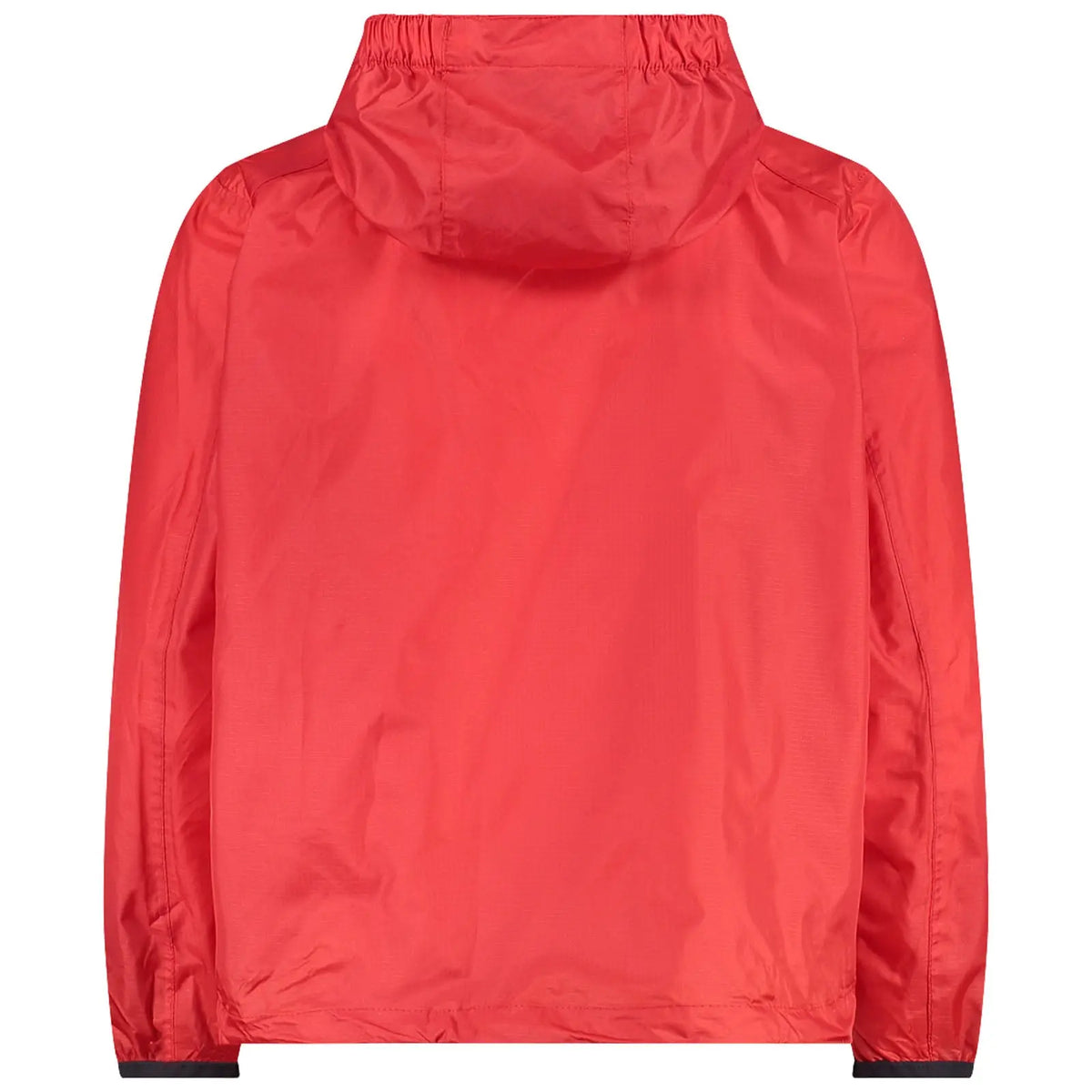 A bright red jacket with a hood hangs alone against a neutral background showcasing its smooth texture and elastic cuffs emphasizing the lightweight and stylish design suitable for casual wear.