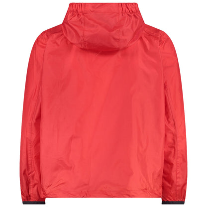 A bright red jacket with a hood hangs alone against a neutral background showcasing its smooth texture and elastic cuffs emphasizing the lightweight and stylish design suitable for casual wear.