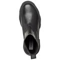 A black leather ankle boot features a smooth texture and elastic side panels for easy wear positioned against a plain white background showcasing its sleek design.