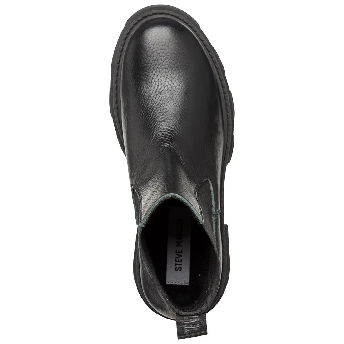 A black leather ankle boot features a smooth texture and elastic side panels for easy wear positioned against a plain white background showcasing its sleek design.