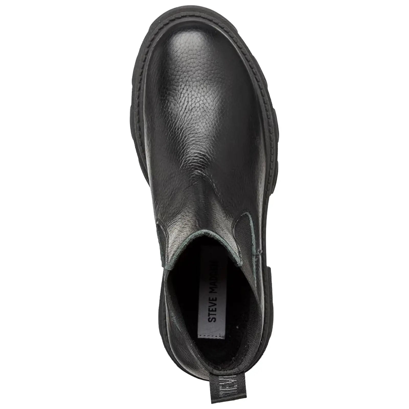 A black leather ankle boot features a smooth texture and elastic side panels for easy wear positioned against a plain white background showcasing its sleek design.