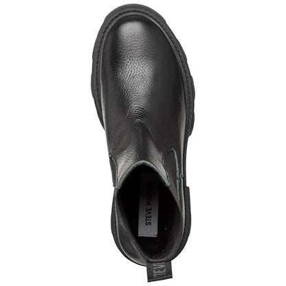 A black leather ankle boot features a smooth texture and elastic side panels for easy wear positioned against a plain white background showcasing its sleek design.
