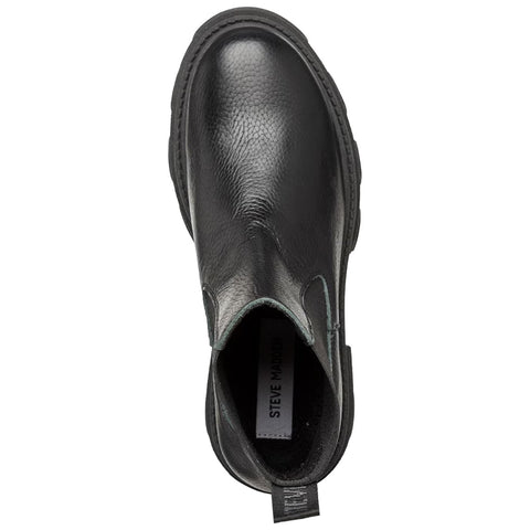 A black leather ankle boot features a smooth texture and elastic side panels for easy wear positioned against a plain white background showcasing its sleek design.