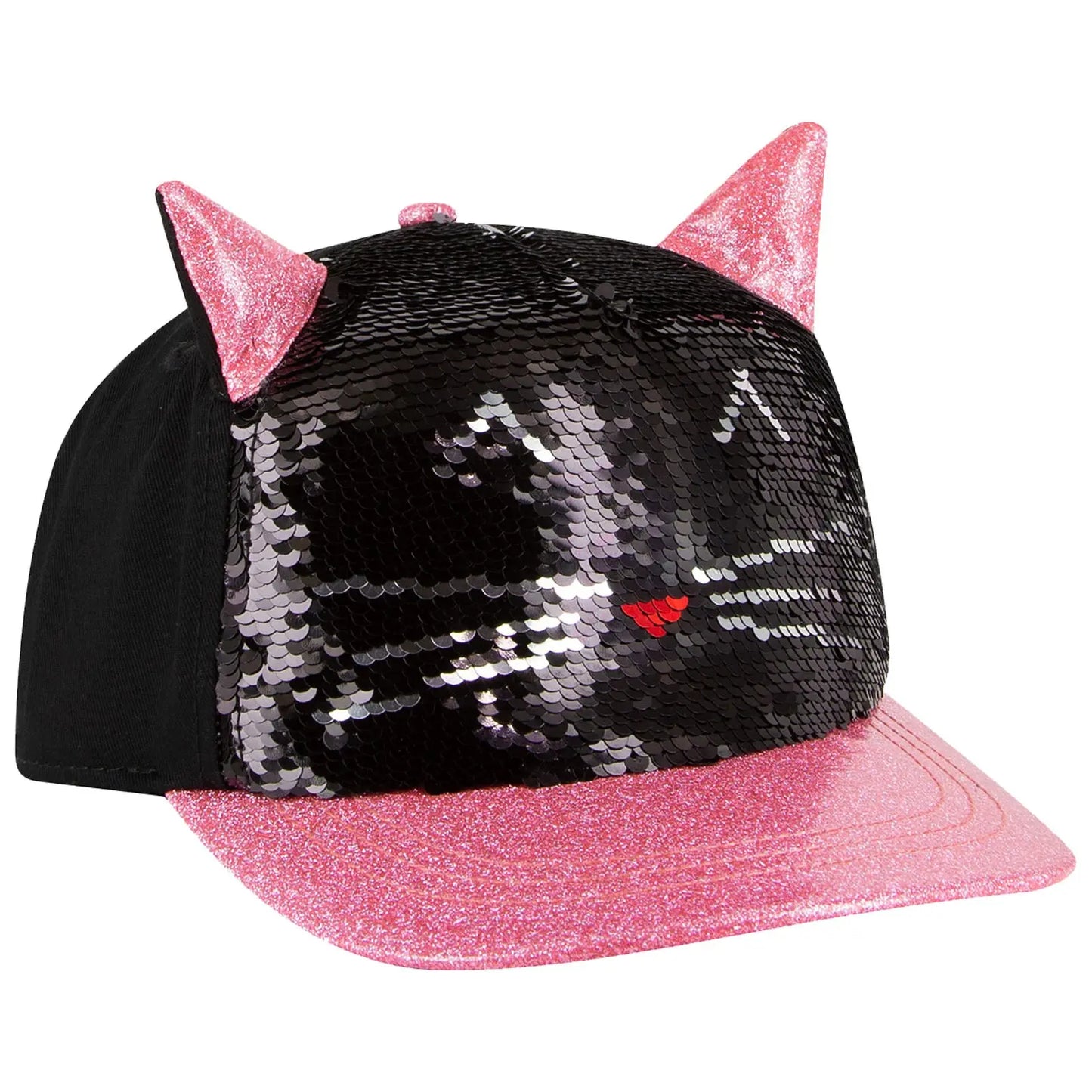 A black cap with shiny sequins features pink cat ears and a glittery pink brim. The front displays a stylized cat face with whiskers and a red nose, suitable for playful wear.