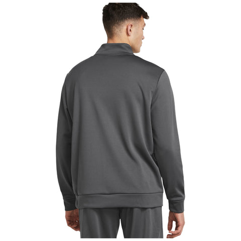 A person is wearing a dark gray pullover with a collar viewed from the back against a white background, suggesting a casual or athletic context.
