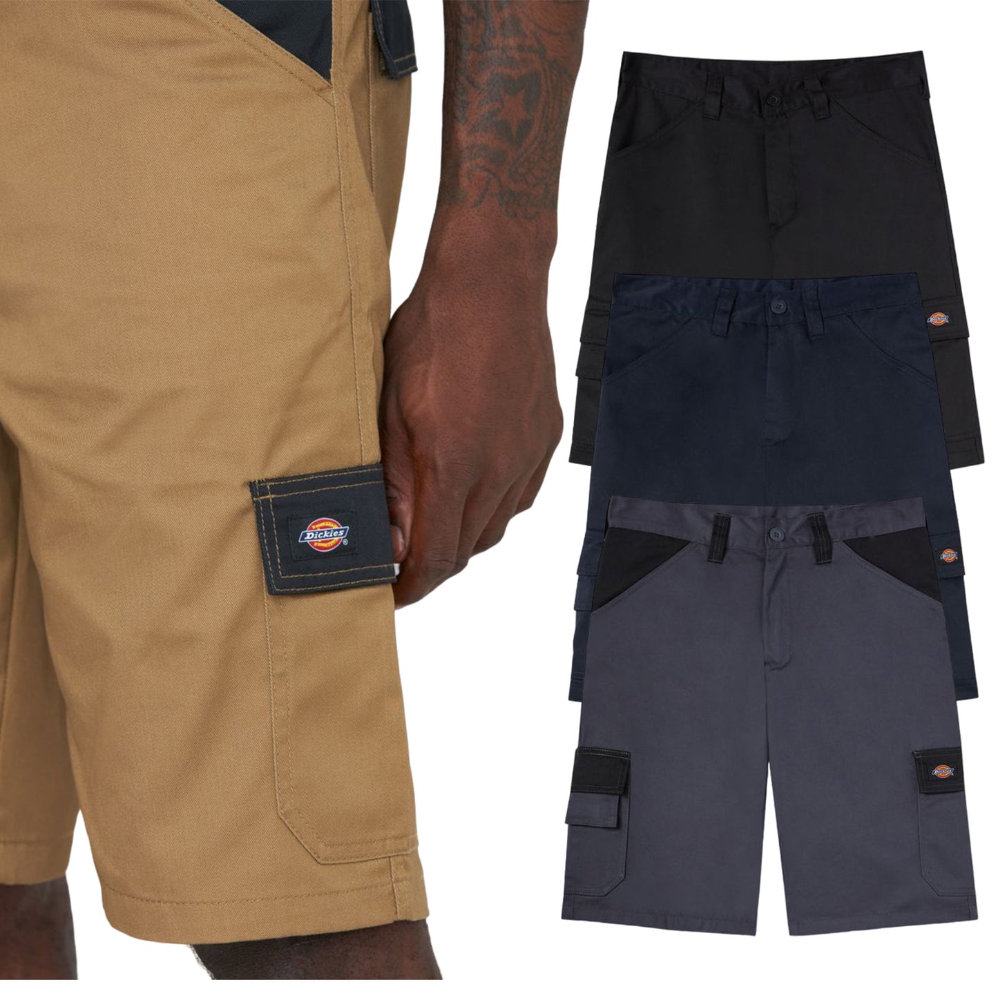 Dickies Everyday Shorts Workwear, man wearing pair on the left side with three other sample colours lined up vertically on the right side on a white background DK0A4XSG 