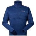 A blue fleece pullover is displayed with a high collar and a quarter zip at the front featuring a small chest pocket showing the berghaus logo.
