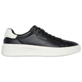 A black sneaker with a white sole features a smooth leather design and a prominent logo on the side. It is designed for casual wear and provides a stylish, elevated look.