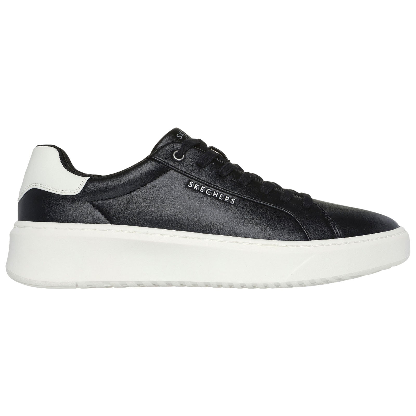 A black sneaker with a white sole features a smooth leather design and a prominent logo on the side. It is designed for casual wear and provides a stylish, elevated look.