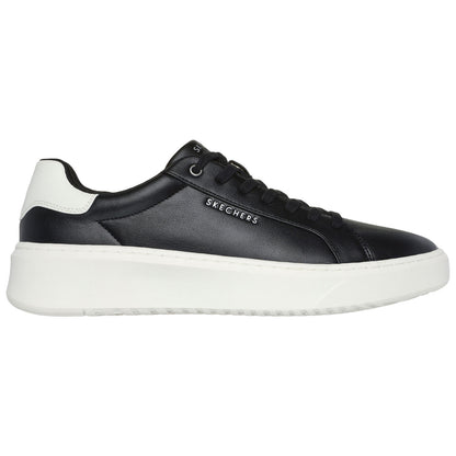 A black sneaker with a white sole features a smooth leather design and a prominent logo on the side. It is designed for casual wear and provides a stylish, elevated look.