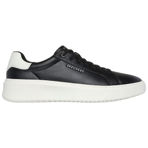A black sneaker with a white sole features a smooth leather design and a prominent logo on the side. It is designed for casual wear and provides a stylish, elevated look.