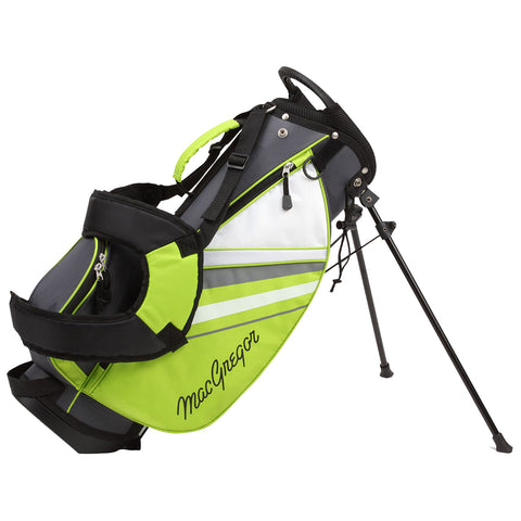 A golf bag stands upright with extended legs showcasing a sleek design in black and bright green featuring a prominent brand name MacGregor on one side and multiple zippered pockets for storage.