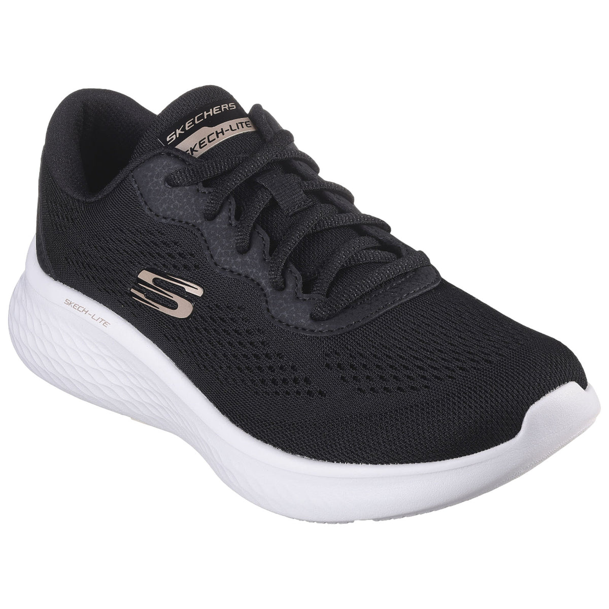 A black athletic shoe is presented with a breathable mesh upper and a white sole. It features laces for fastening and branding on the tongue and side.