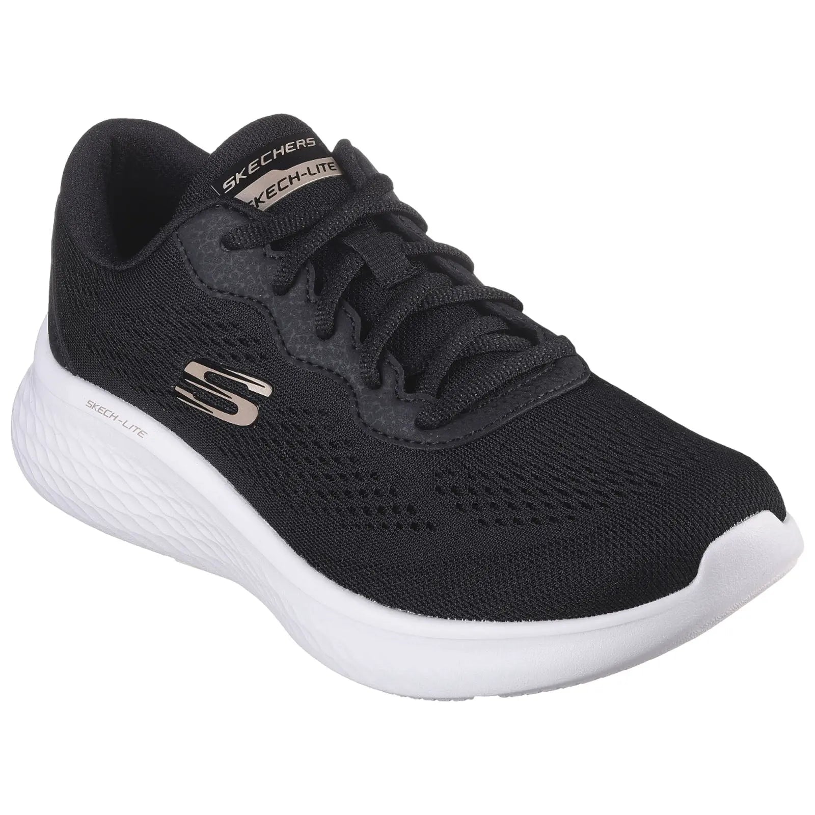 A black athletic shoe is presented with a breathable mesh upper and a white sole. It features laces for fastening and branding on the tongue and side.