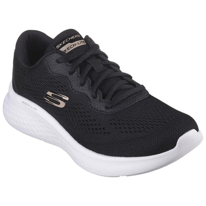 A black athletic shoe is presented with a breathable mesh upper and a white sole. It features laces for fastening and branding on the tongue and side.